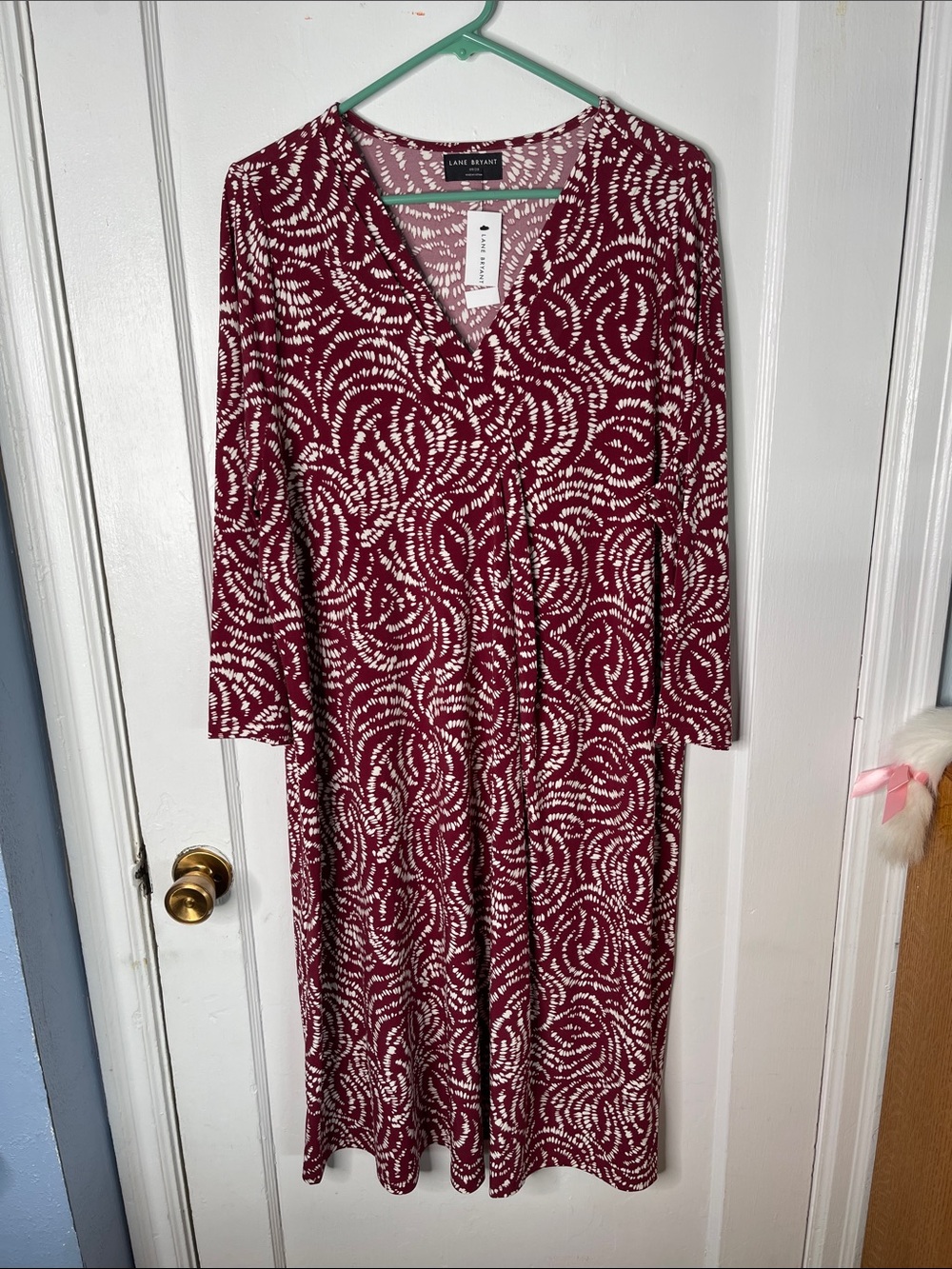 Lane Bryant Dress 18 20 Nwt Stretch Midi New 3/4 Sleeves Burgundy White Abstract